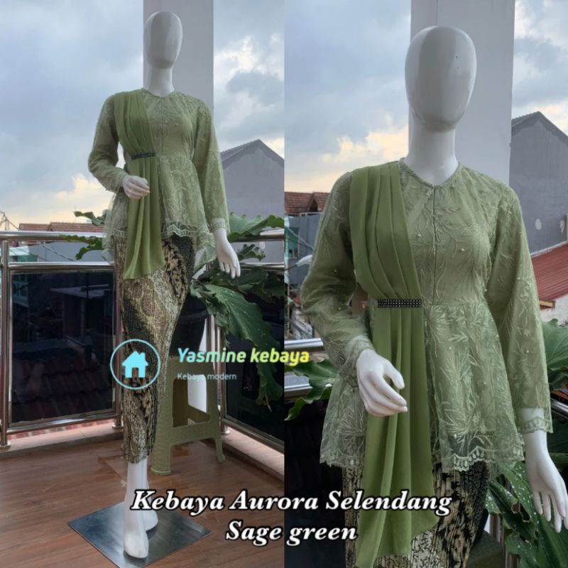 Jual Setelan Blouse Aurora Selendang Modern Sage Green / Kebaya Warna