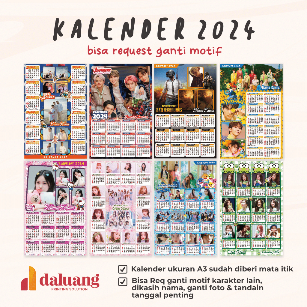 Jual Kalender 2024 Foto Custom Desain Suka Suka Karakter Kartun Bunga ...