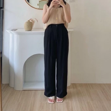 Loose Pants Trousers Wanita Highwaist Celana Kulot Kantor Anti Kusut Bahan Polyester BY Roliz