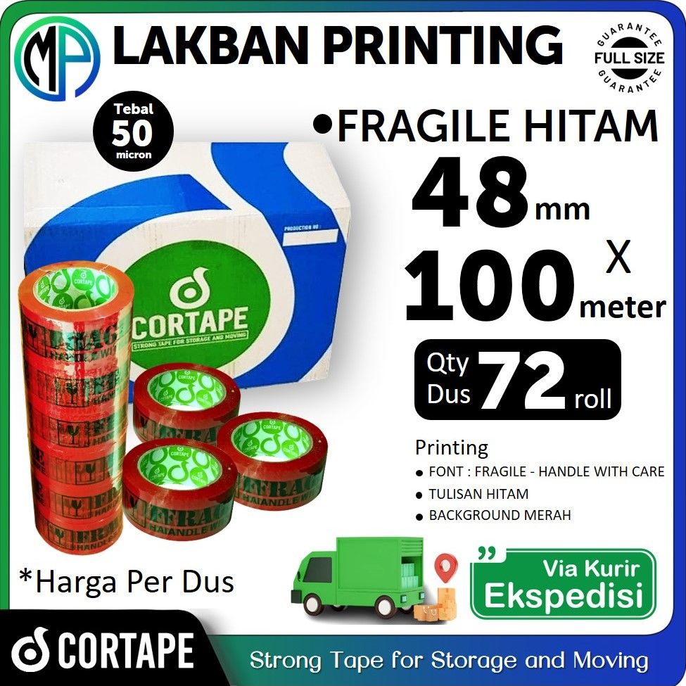 Jual Lakban Grosir Cortape Printing Fragile Hitam 2inch 45mm x 100meter ...