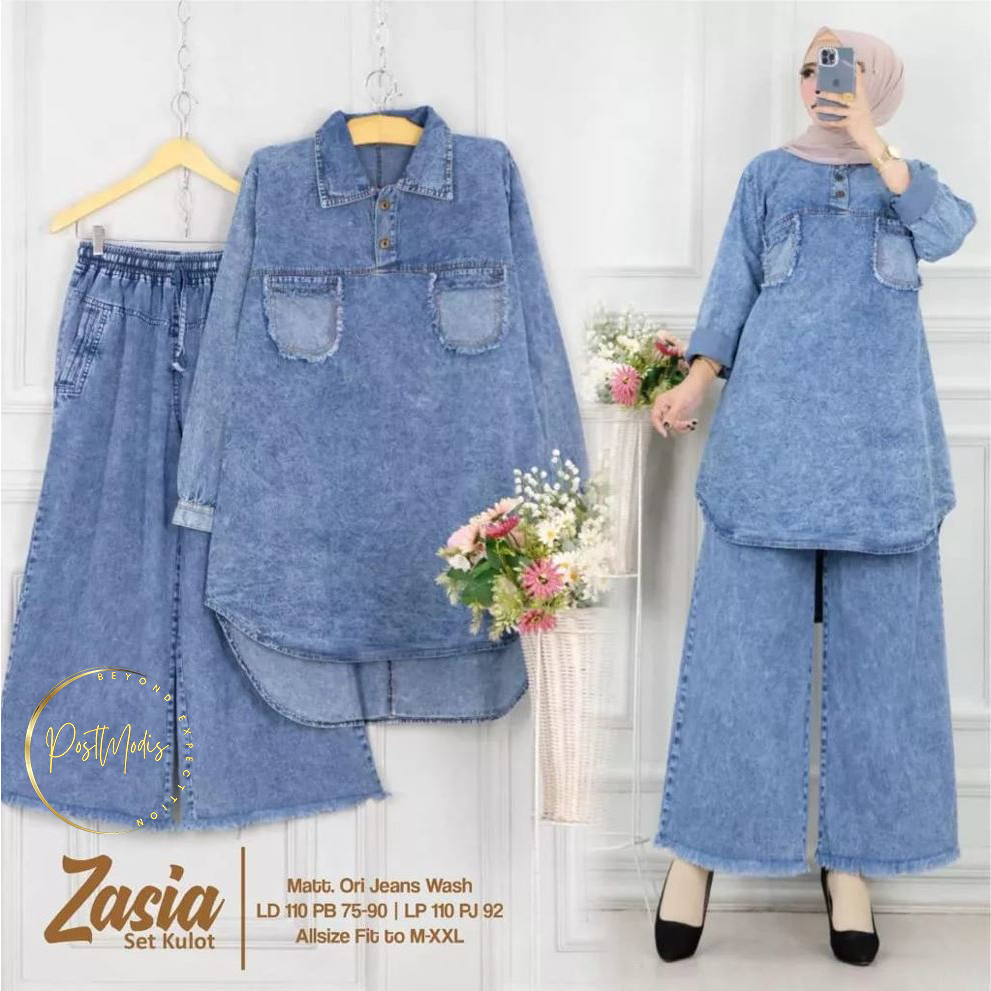 Jual Zasia Set Jeans Setelan Marvien Tunik dan Kulot Rawis Snow Biru ...
