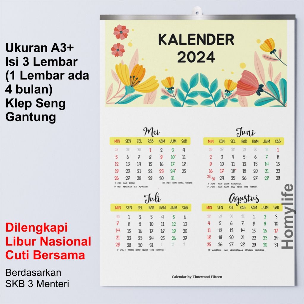 Jual 2024 KALENDER DINDING BESAR Isi 3 Lembar Klep Seng Lengkap Libur ...