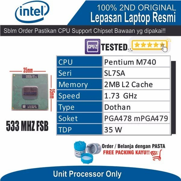 Processeur Intel Pentium M 740 - 1.73 GHz, Cache 2 Mo, FSB 533 MHz - Socket 478/479 - Occasion