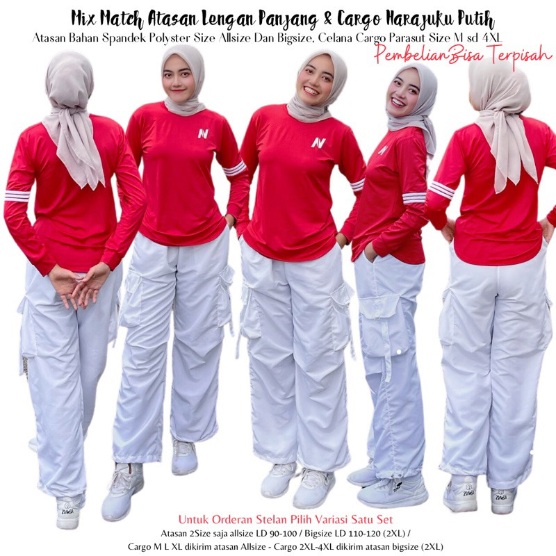 Mix Match Atasan Lengan Panjang Merah Lis Putih & Harajuku Putih Parasut & Atasan Spandek Polyster Stelan Olahraga Aerobik Fitness Gym Unisex