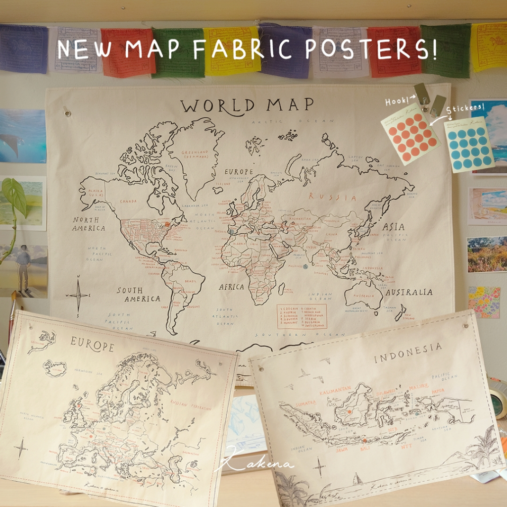 Jual World Map Fabric Poster Peta Eropa Aesthetic Peta Indonesia