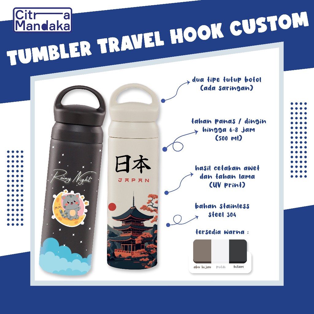 Jual Tumbler Termos Custom Japan Hook Cetak UV Nama / Logo Promosi Full