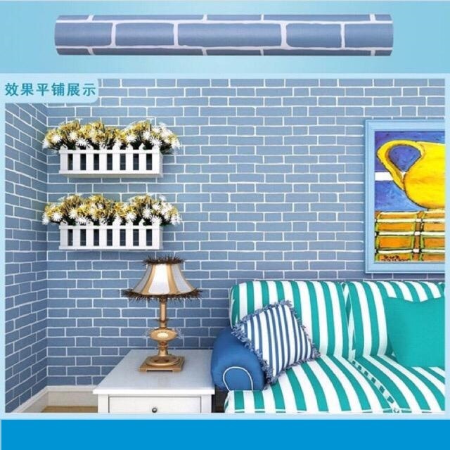 Jual Wallpaper Dinding Ruang Tamu Aesthetic Motif Bata Biru Lis Putih