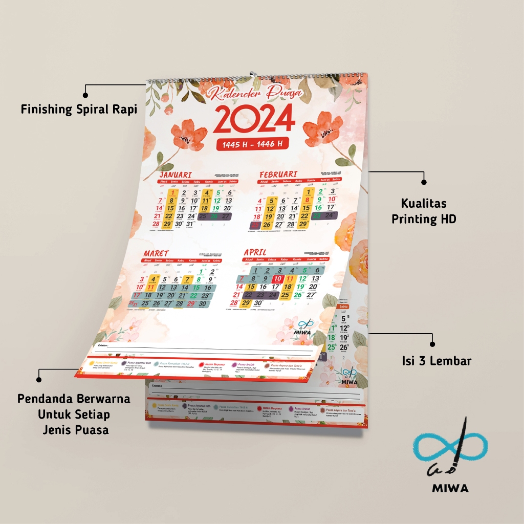 Jual Kalender Puasa Sunnah Wajib 2024 2023 Kalender Dinding Ukuran