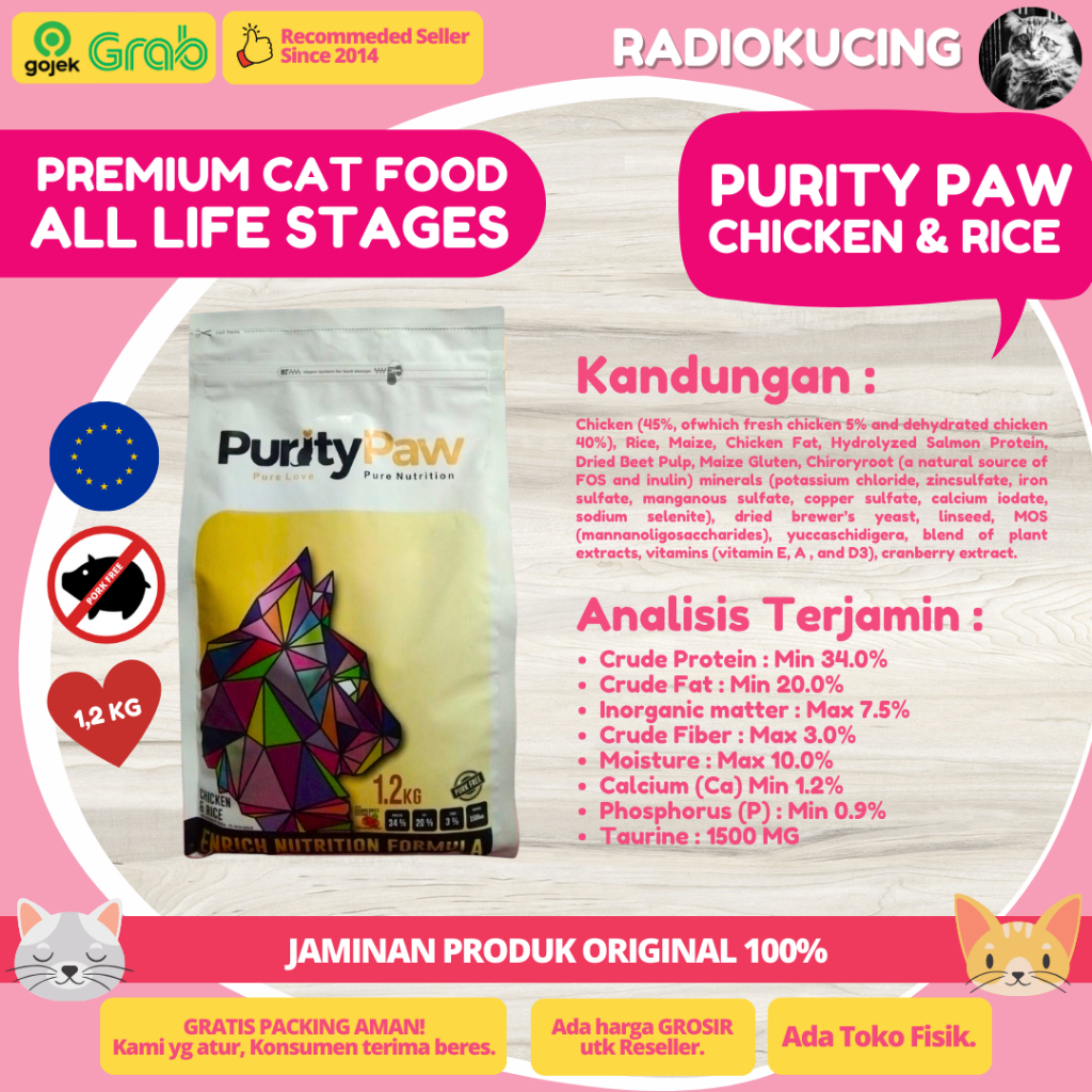 Jual Purity Paw 1.2 kg Chicken Rice All Stages Premium Cat Food 1,2 kg ...