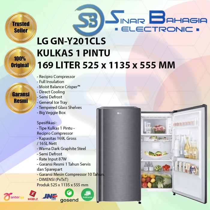 Jual LG GN Y201CLS KULKAS 1 PINTU 169 LITER 525 X 1135 X 555 MM NEW