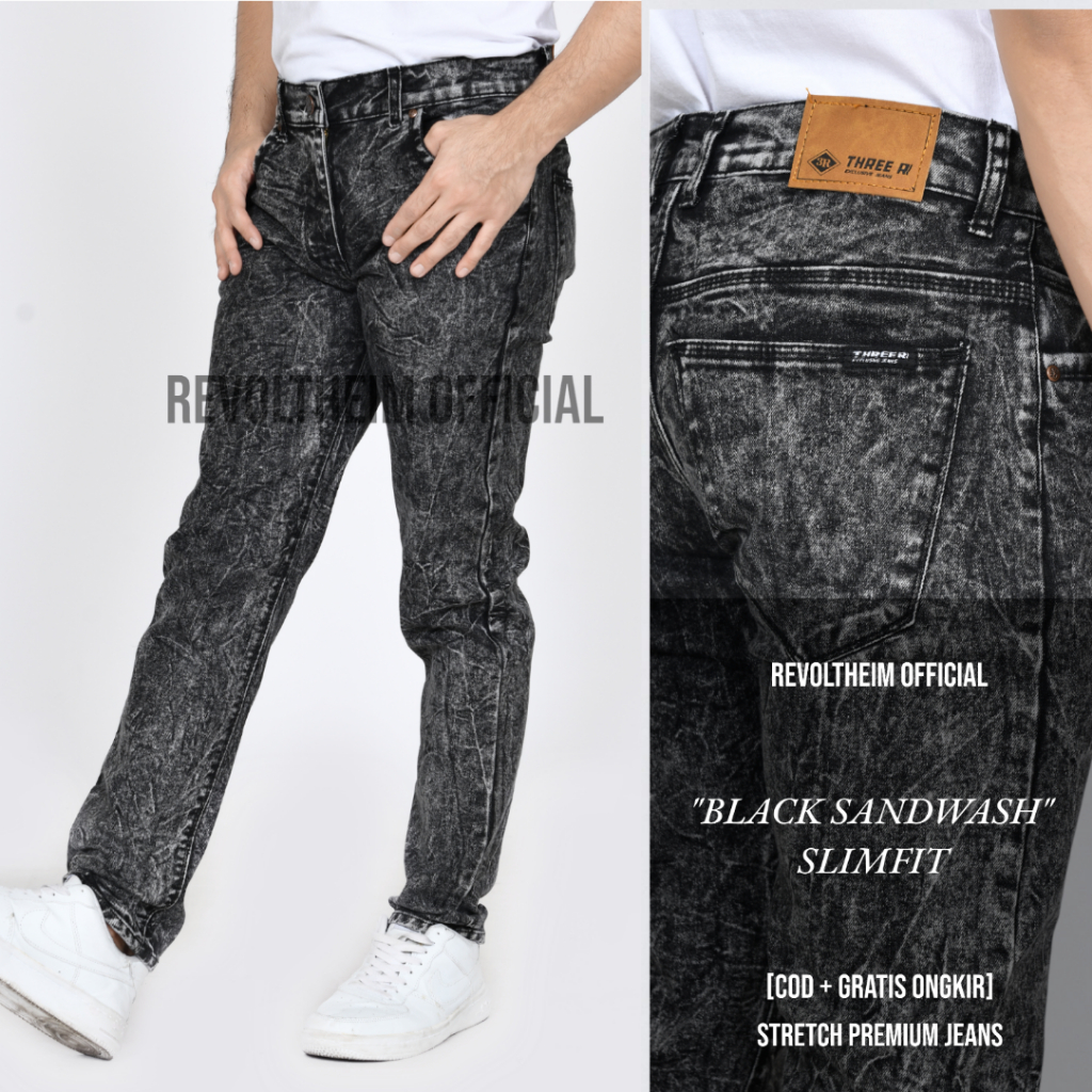 Jual Celana Jeans Pria Slim Fit Panjang Stretch Sandwash Black Hitam Cowok Tebal Denim Melar