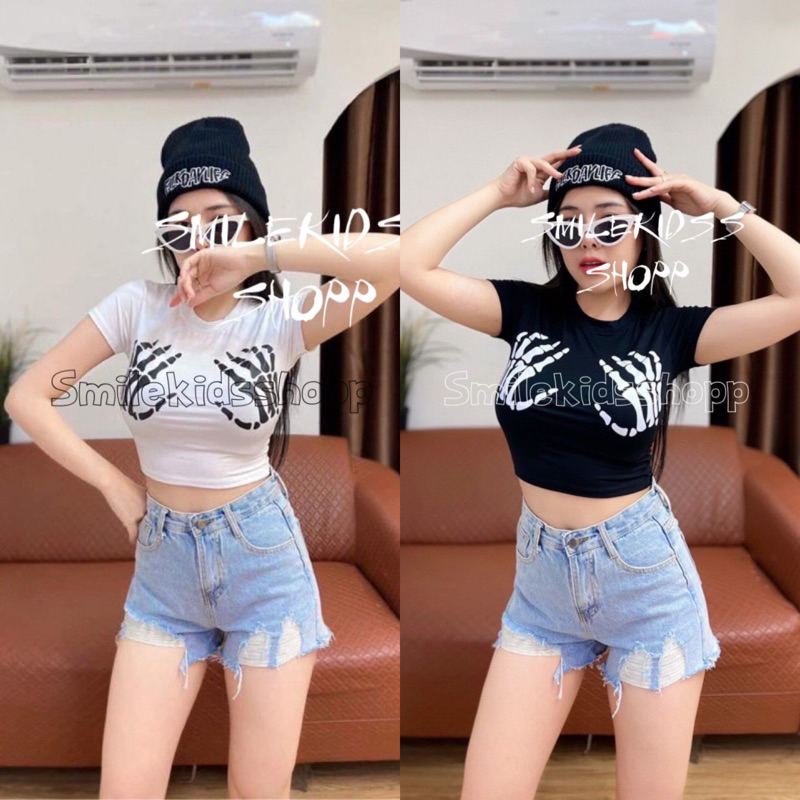 Jual SMILEKIDSSHOPP CROP TOP RIB SKELETON HAND/ KAOS WANITA CROP TOP ...