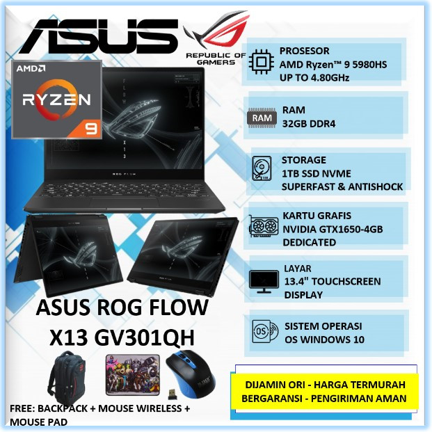 Jual Laptop Gaming Touchscreen Asus ROG Flow X13 Ryzen 5980HS
