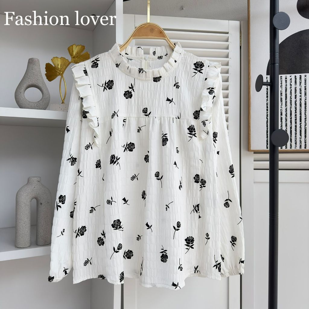 Jual Blouse wanita motif bunga lengan panjang / Top blouse ruffle bahan