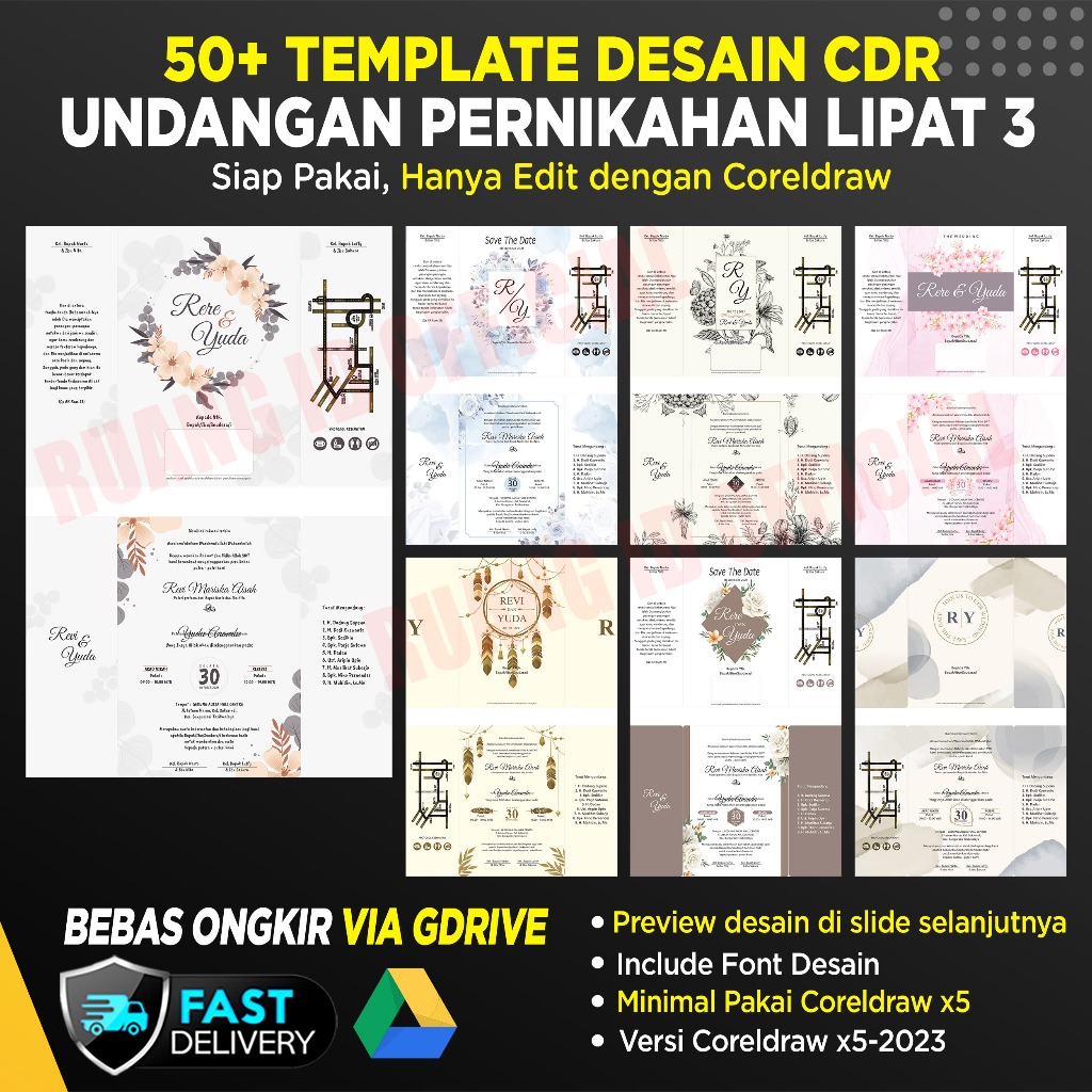 Jual Template Undangan Pernikahan Lipat 3 Desain Bunga Rustic | Shopee