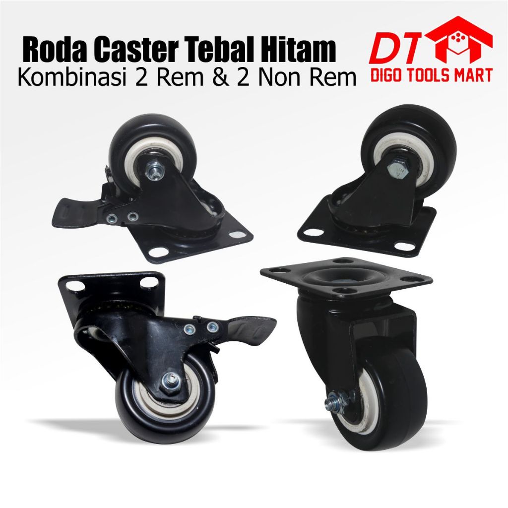 Jual Roda Caster Tebal Hitam 2 inci 50mm Kombinasi 2 Rem & 2 Non Rem ...