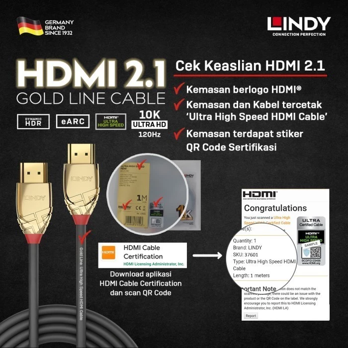 LINDY Kabel HDMI 2.1 2M Kabel Ultra High Speed Hdmi Certified Male to Male A to A PS5 EARC 8K 10K 37602
