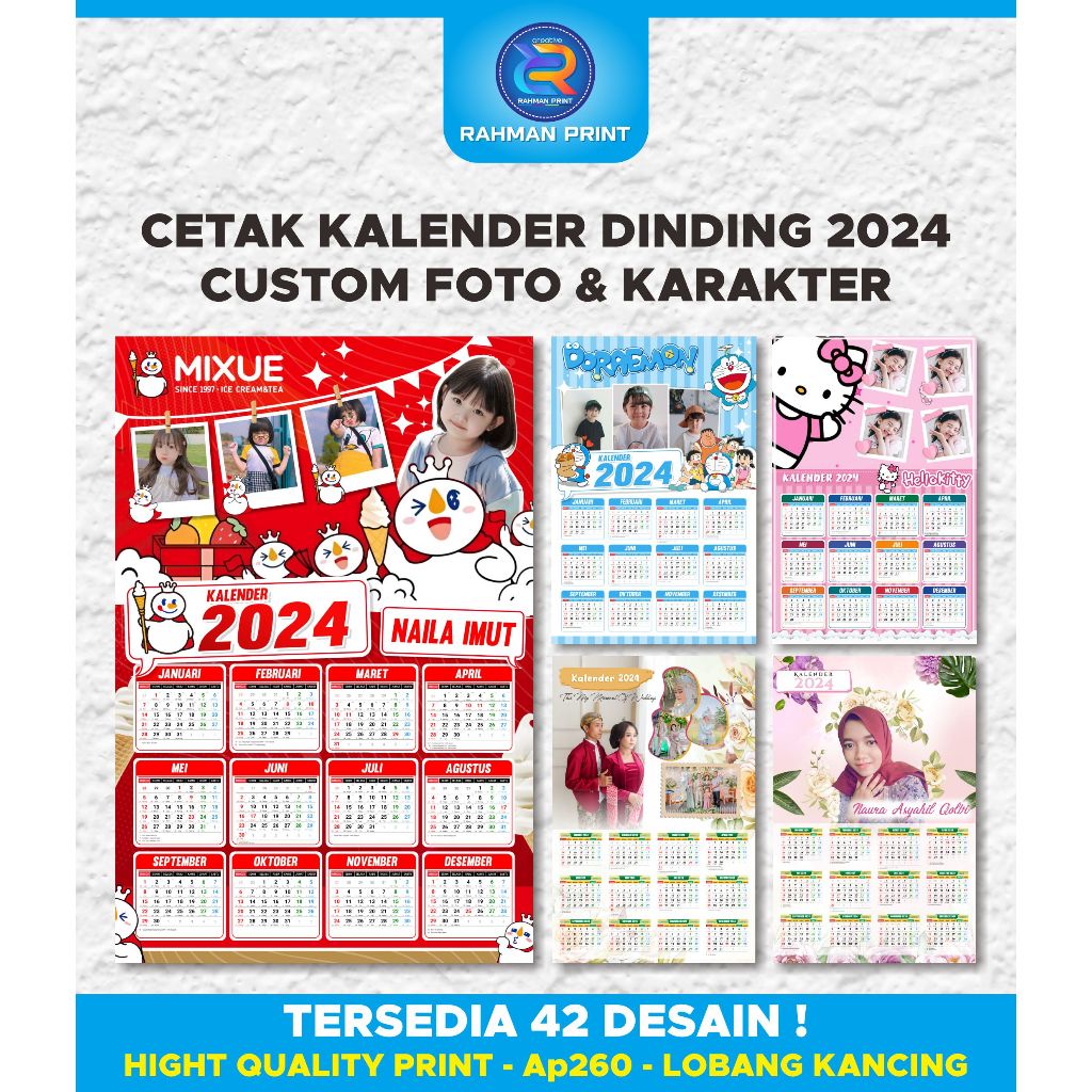 Jual Cetak Kalender Dinding Custom Foto 2024 (KARAKTER & UMUM) Free ...