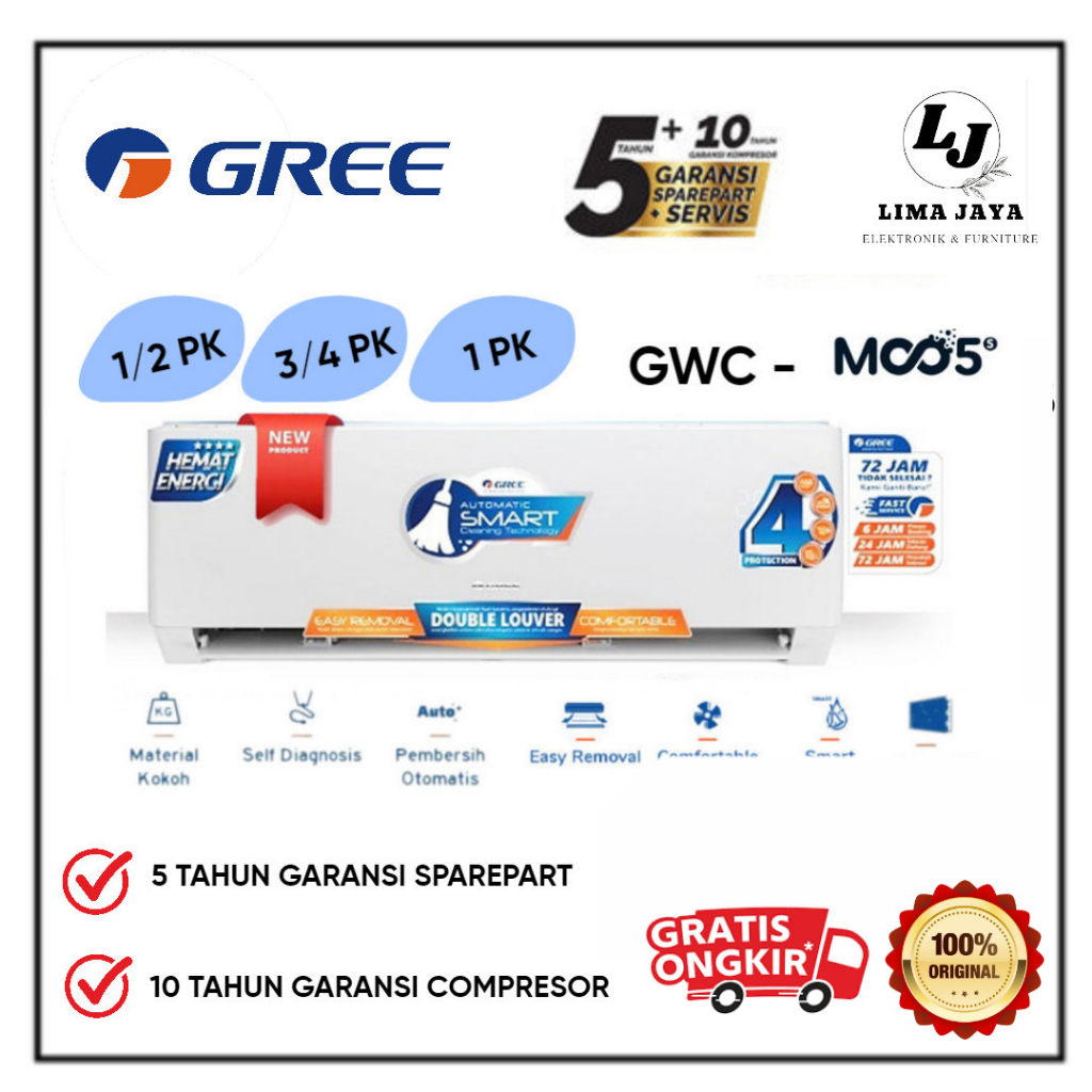 Jual AC Gree Standard GWC 05MOO5A 07MOO5A 09MOO5A 1 2 1 PK Turbo Cooling Gree AC Shopee