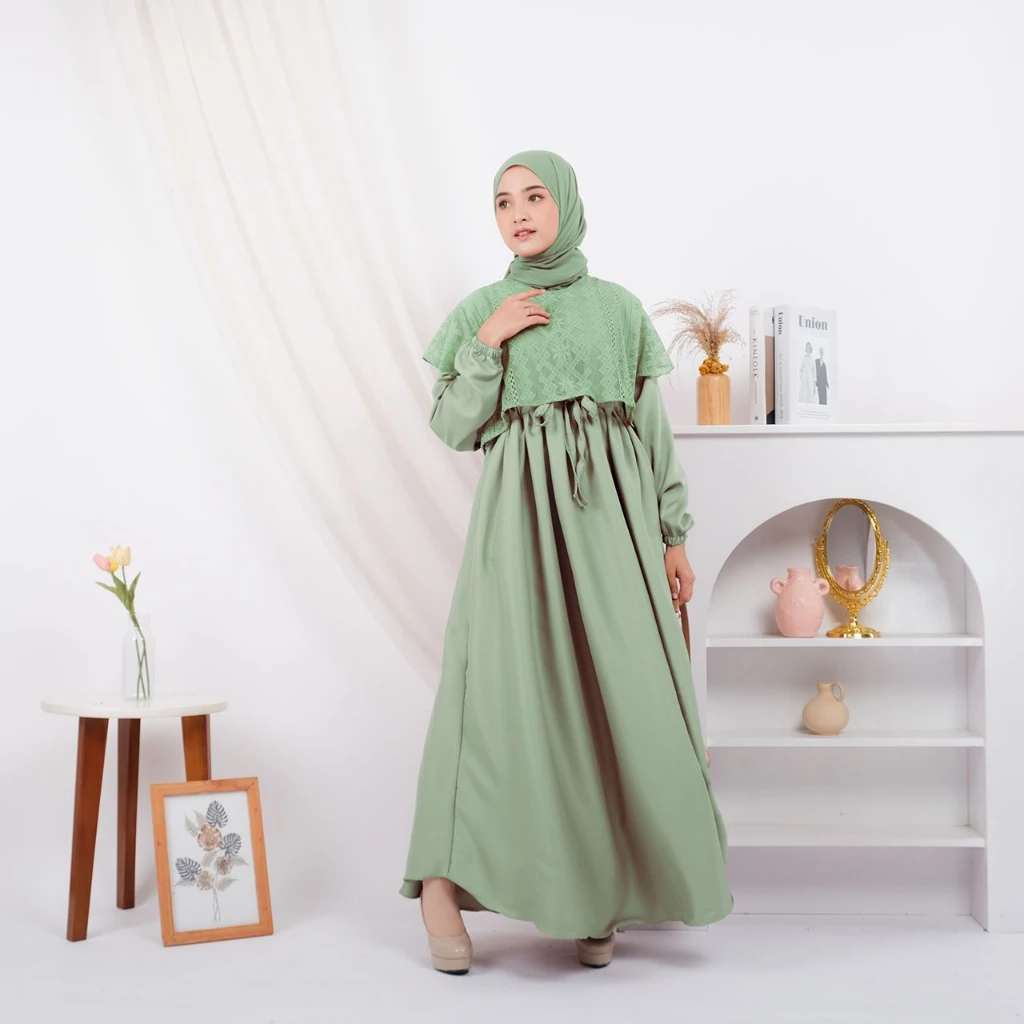 Gamis Elegan Kondangan Muslim Mewah Shakila Kombinasi Brokat Cantik Wanita Nyaman detail brokat
