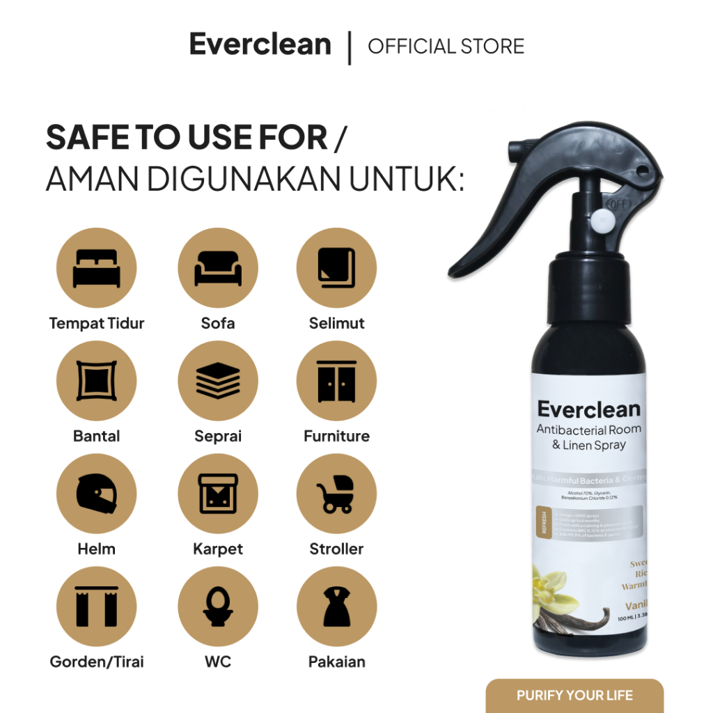 Jual Everclean Antibacterial Room & Linen Spray Vanilla 100ml | Pewangi ...