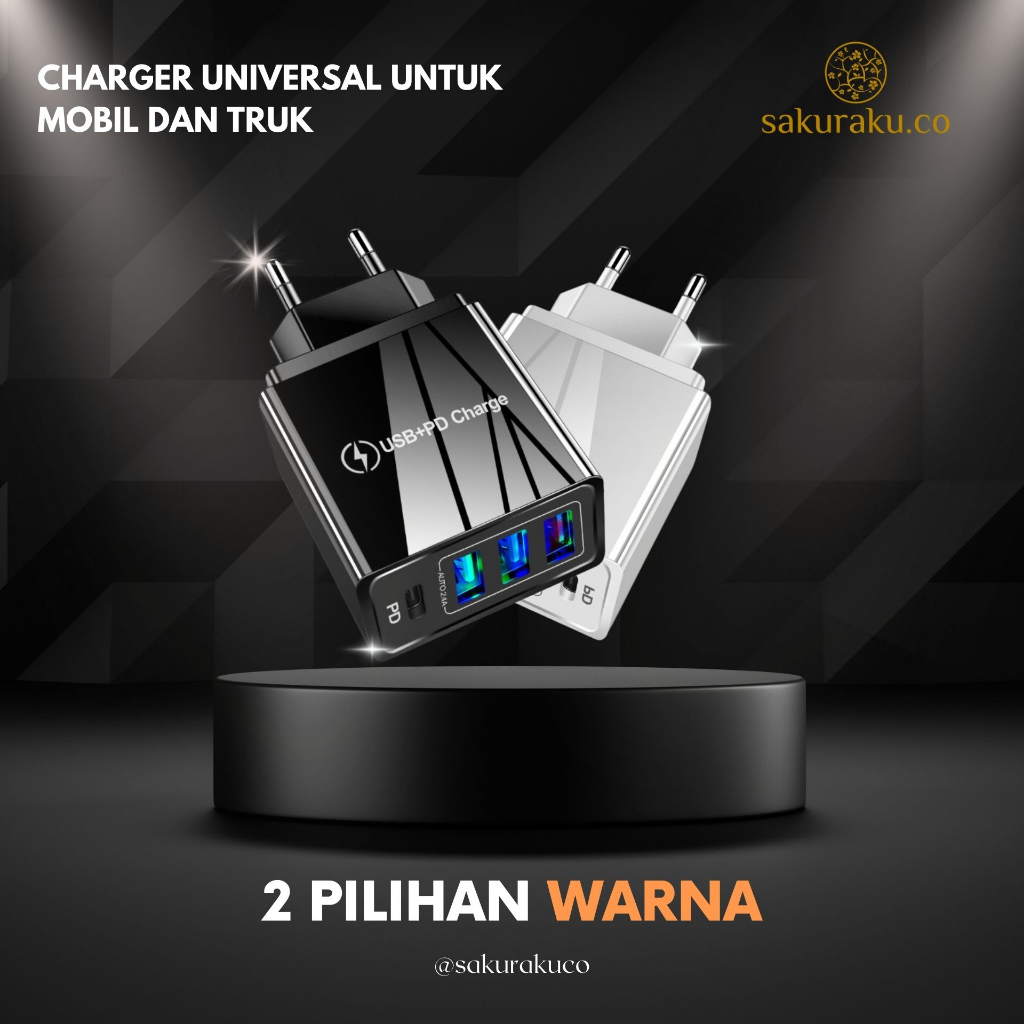 Jual Kepala Charger 3 Port USB + 1PD Quick Charge 3.0 Fast Charge Auto ...