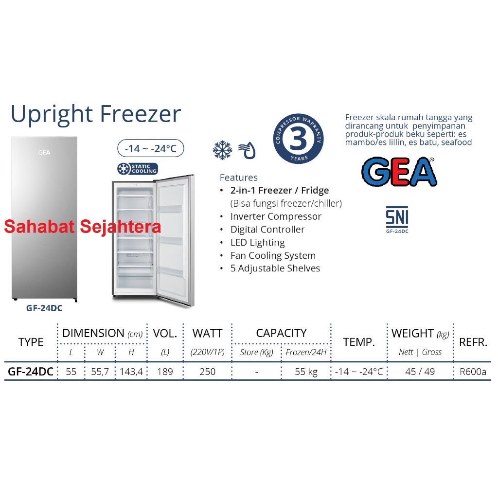 Jual GEA Upright Freezer GF 24DC Kulkas Berdiri 1 Pintu Menyamping Shopee Indonesia