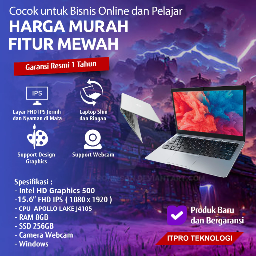 VOVE laptop 15.6 inci dengan layar Full HD, Intel Celeron N4000, dan bobot 1.3kg