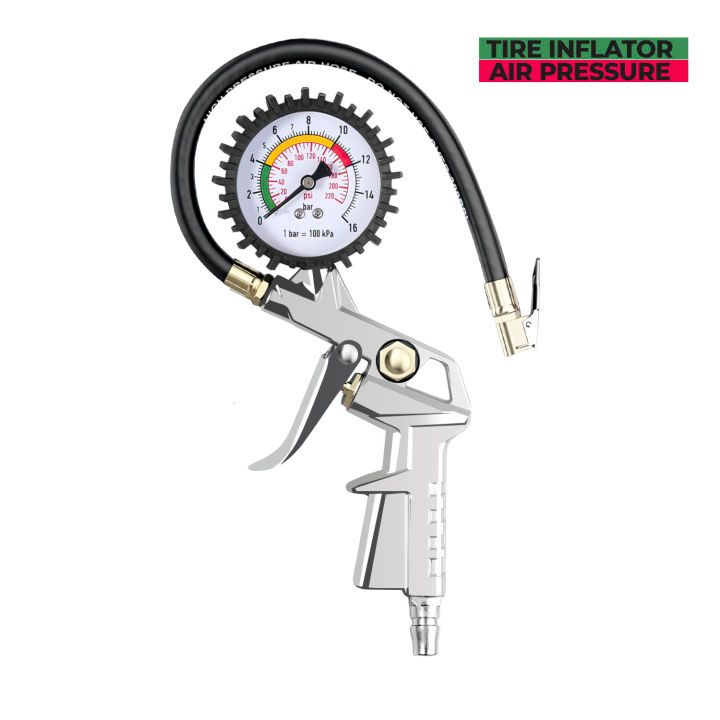 Air Pressure Gun Tool - 1/4" Tire Inflator With Dial Gauge For Motorcycle, Bike & Car Tires | 10-220 PSI Range