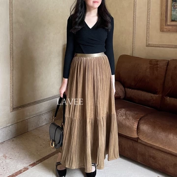 LAVEE Nami Skirt Rok Plisket Suede Panjang Rok Wanita Ruffle 2 Susun Long Pleated Maxi Skirt