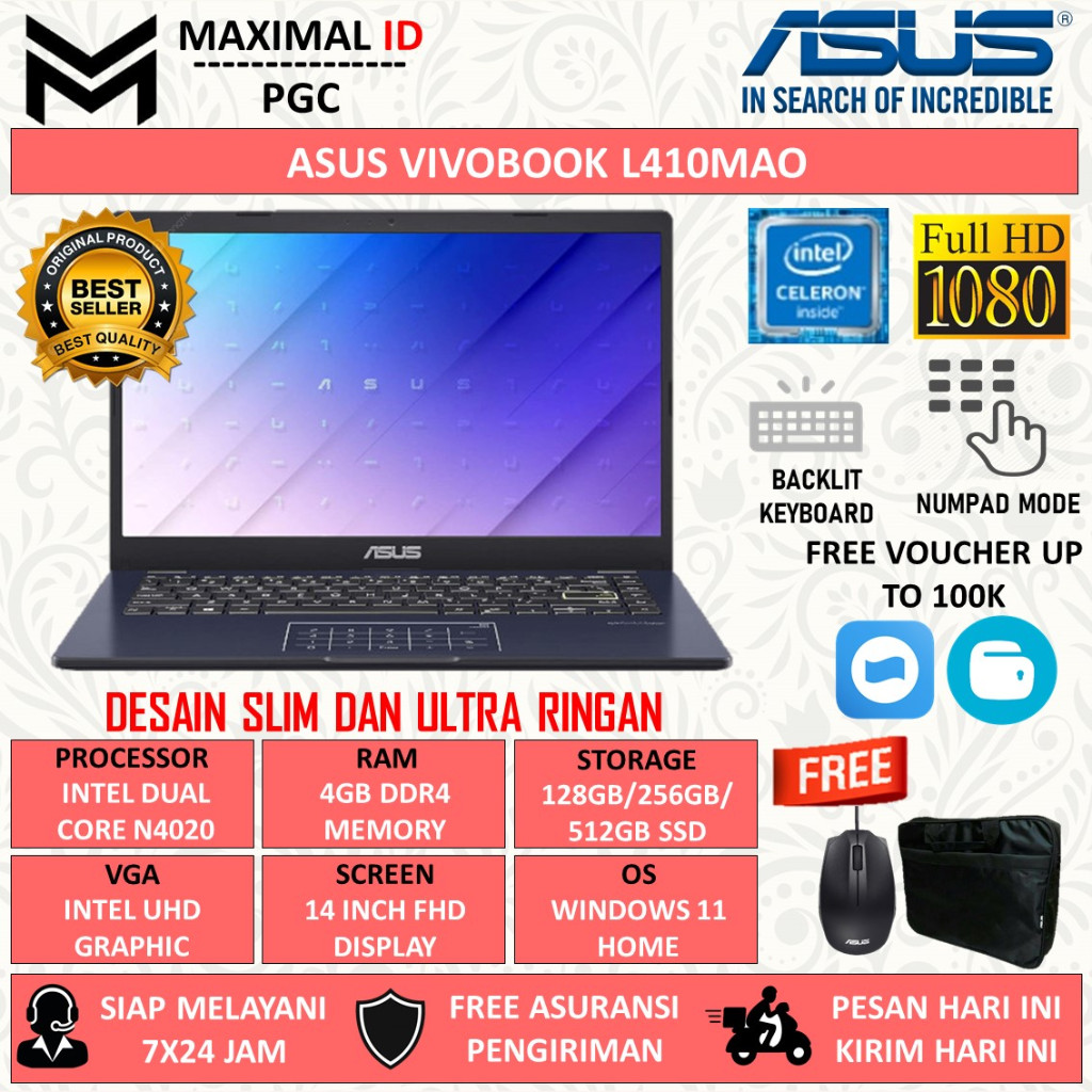 Jual Laptop Slim Asus Vivobook L410ma Intel Celeron N4020 Ram 4gb 512gb Ssd Fhd Backlight 6872