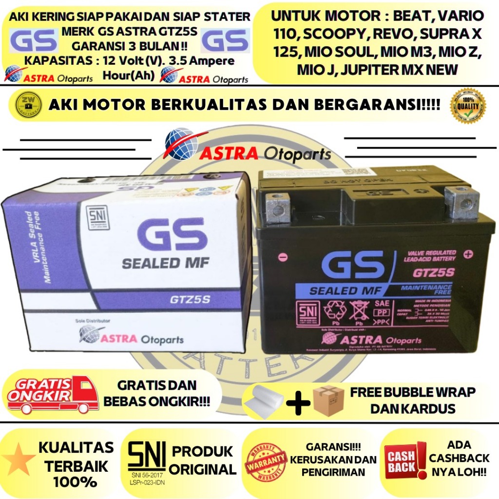Jual AKI MOTOR SCOOPY, VARIO 110, SUPRA X 125, KHARISMA, CS1 GTZ5S GS