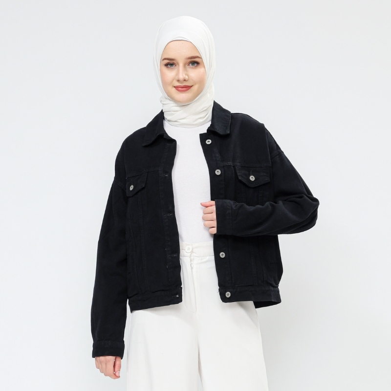 Myself Jaket Jeans Wanita Hijab Oversize Wanita Hitam Pekat Ascella