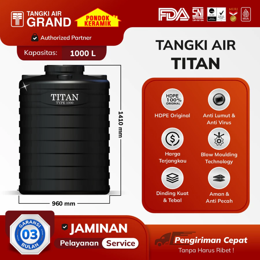 Tangki Toren Tandon air Tedmond Titan Blow 1000 L Tidak Berbau & Higienitas Air Dalam Tangki Terjaga