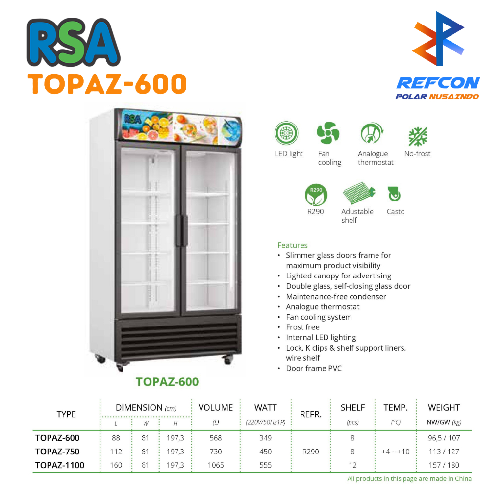 Jual Display Cooler RSA Topaz 600 / Topaz600 Kulkas Showcase 2 Pintu ...