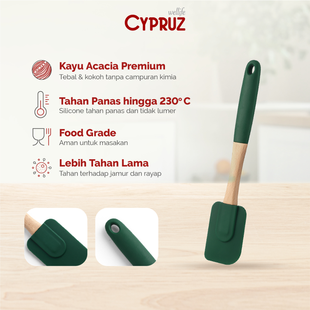 Jual Cypruz Spatula Kayu Premium Anti Berjamur Gagang Silicone Tahan