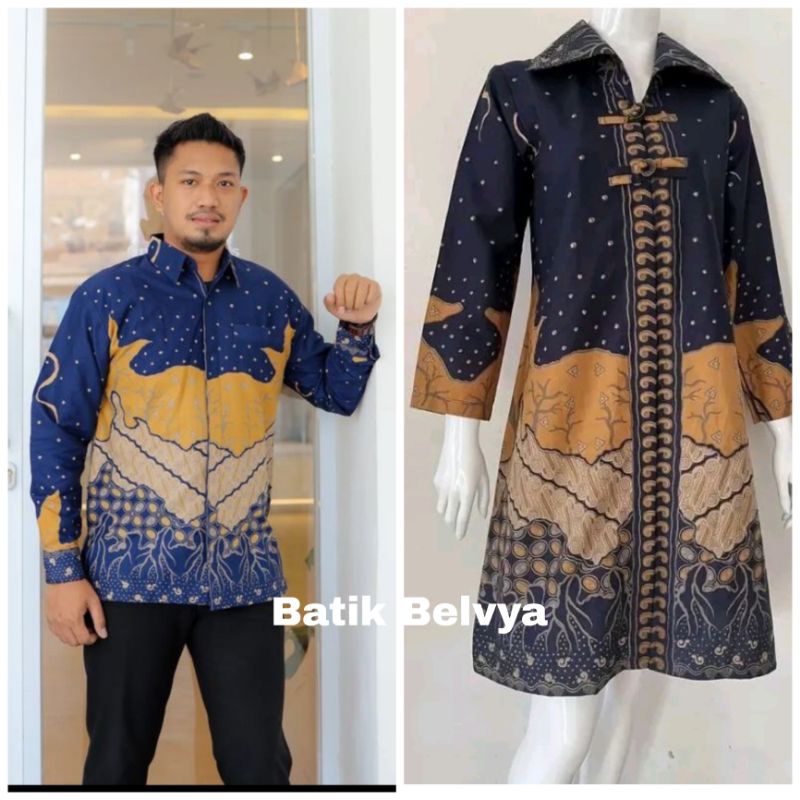 Jual set couple batik motif bintang biru / Batik sragen / batik solo
