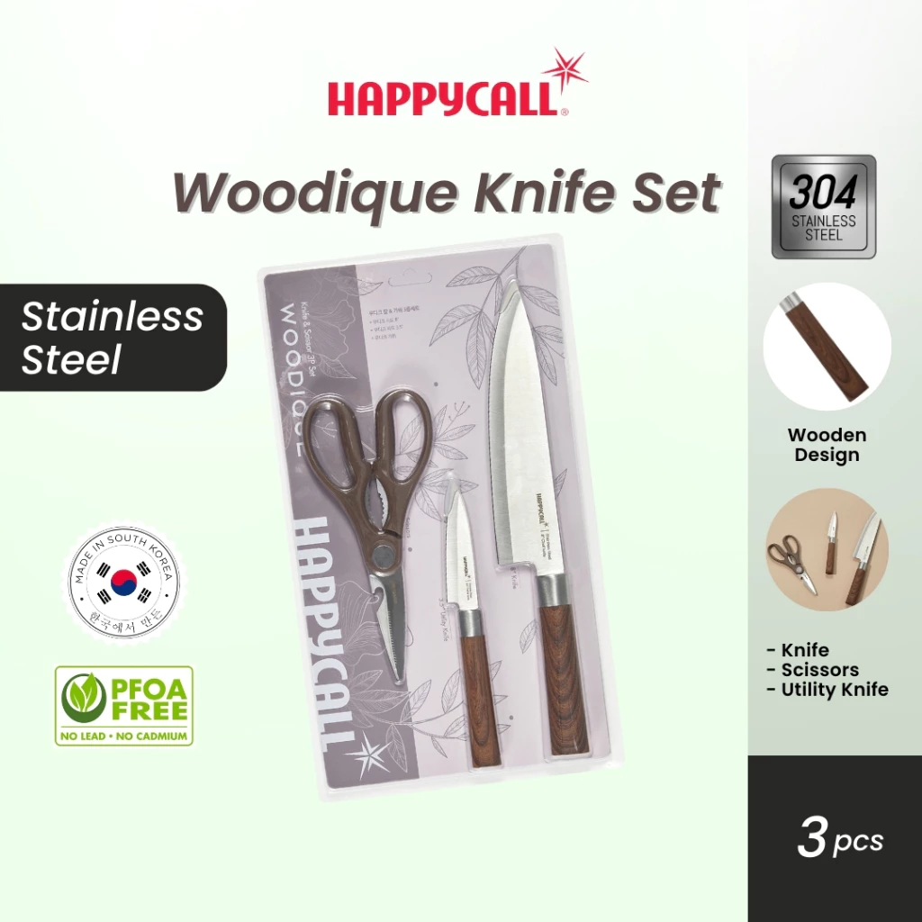 Happycall Woodique Knife Tools 3P Set - Alat Masak Pisau Dapur