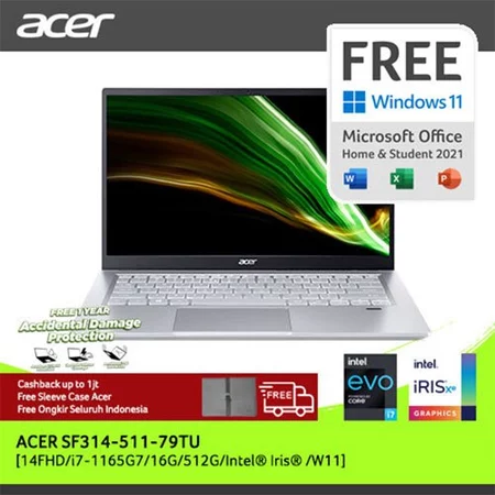 ACER LAPTOP SWIFT 3 INFINITY 4 SF314-511-79TU 14" FHD INTEL EVO I7-1165G7 RAM 16GB STORAGE 512GB SSD