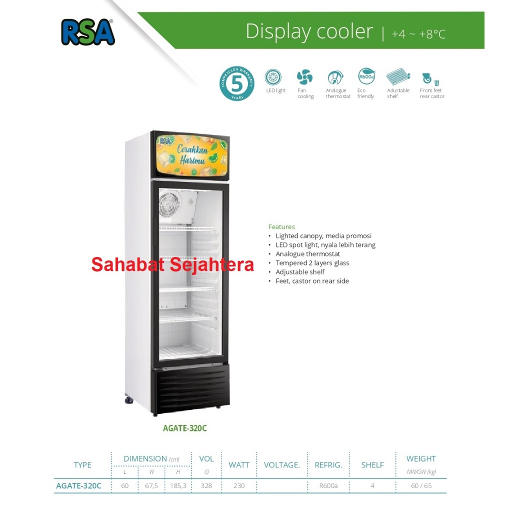 Jual RSA Showcase Display Cooler AGATE-320C Kulkas 1 Pintu 4 Rak -Berat ...