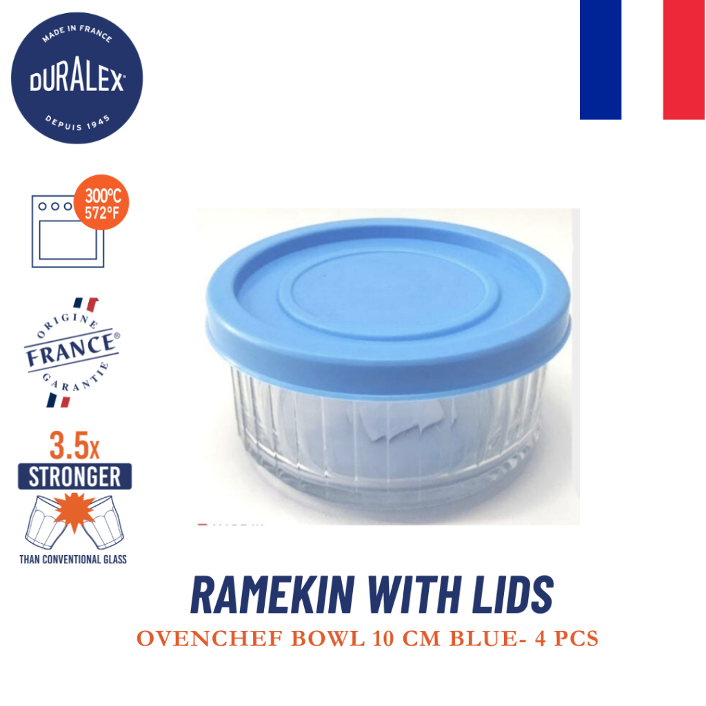 Jual Duralex Ramekin Bowl With Blue Lid 10 cm / 240 ml (Set Isi 4 pcs) Mangkuk Oven Dessert