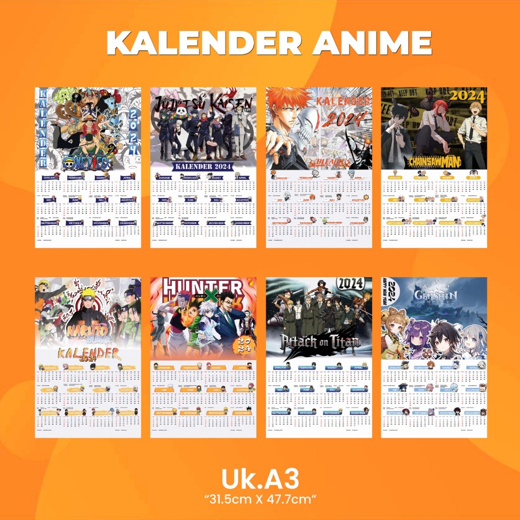 Jual Kalender Dinding Anime Ukuran A3+ I Cetak Kalender 2024 Custom II