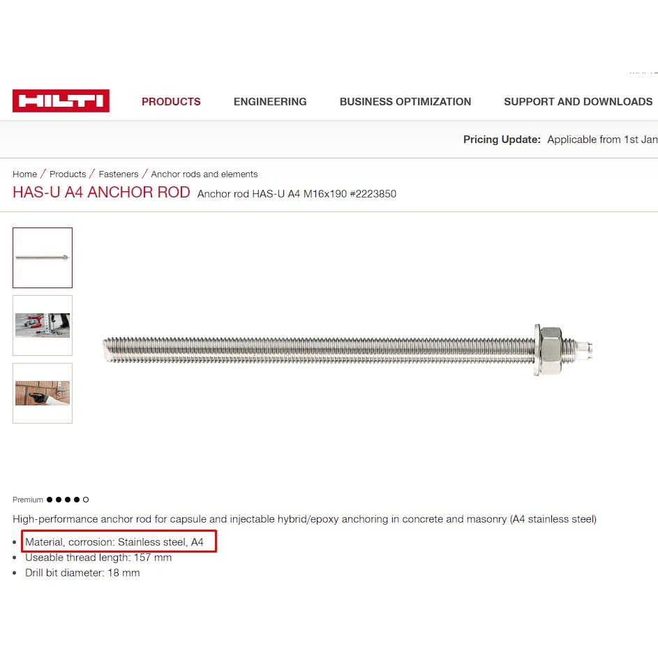 Jual Angkur hilti has-u A4 M16x190 / anchor rod hilti stainless ...