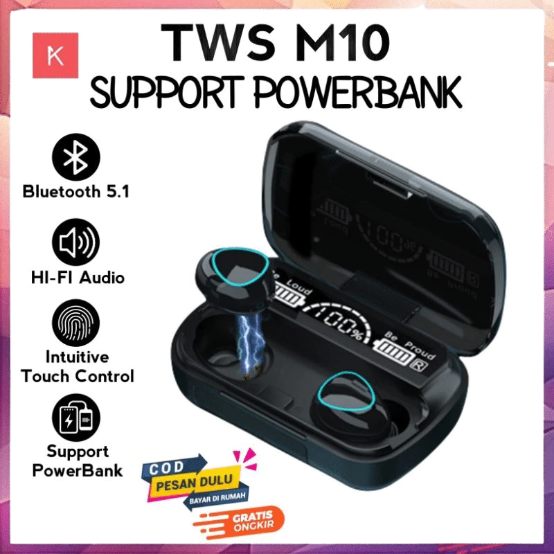 M10 headset bluetooth wireless tws + power bank 3500mah