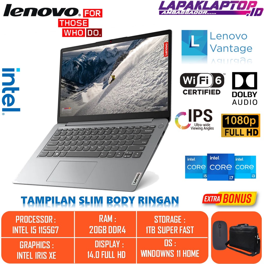 Jual LAPTOP DESAIN BARU LENOVO IDEAPAD SLIM 3I 14 INTEL CORE I5 1155G7 RAM 20GB SSD 1TB IRIS XE