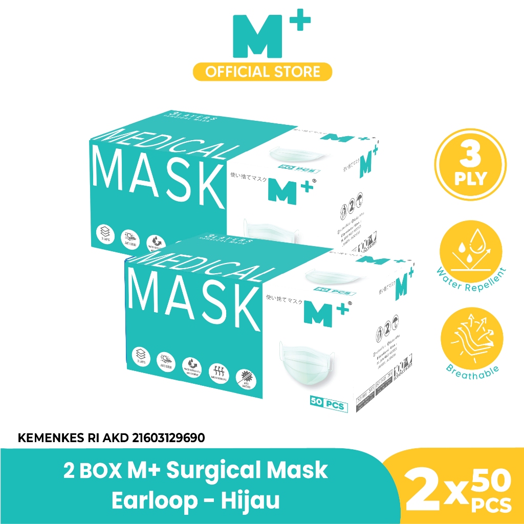 Jual Masker Medis 3 Ply Isi 50 Pcs - Surgical Earloop M Plus M+ PAKET 2 ...