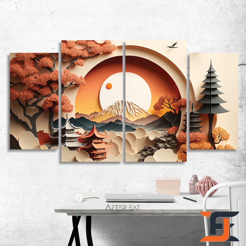 HIASAN DINDING 4 IN 1 SET JAPANISE TOWN PAPPERART WALLDECOR LUKISAN ALAM HIASAN DAN PAJANGAN KAYU
