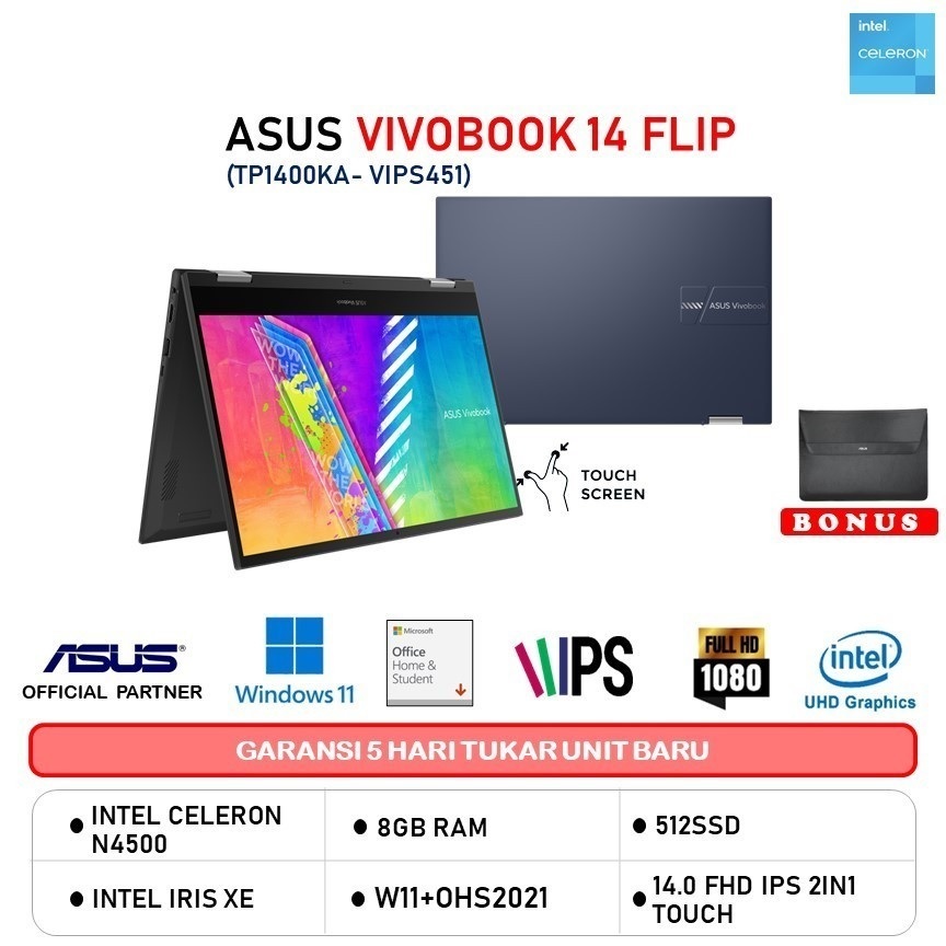 Jual Asus Vivobook Go 14 Flip Tp1400ka Vips451 Intel N4500 8gb 512gb Win11 Ohs Touch Shopee 0792