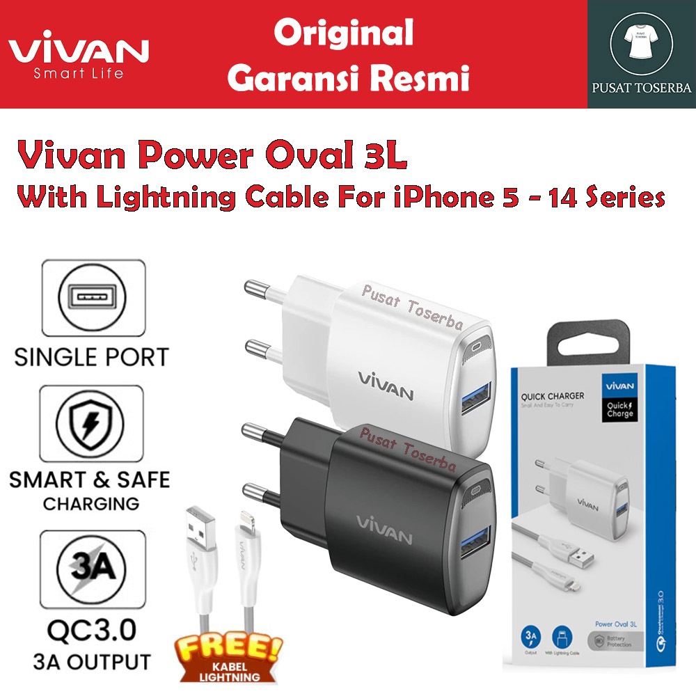 Jual Charger Vivan Power Oval 3L - 3A 18W - Free Kabel iPhone/Lightning ...