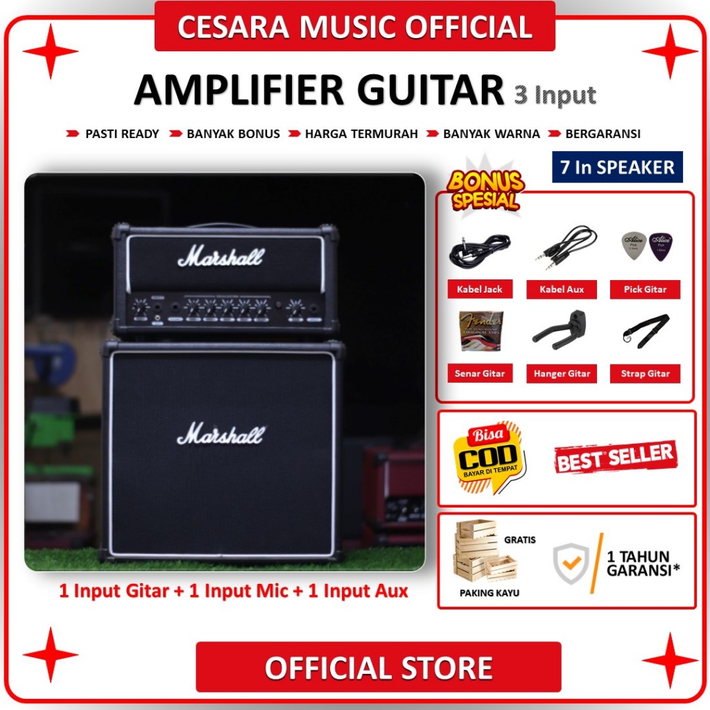 Jual Ampli gitar marshall 7 inch 3 input head cabinet ada input gitar